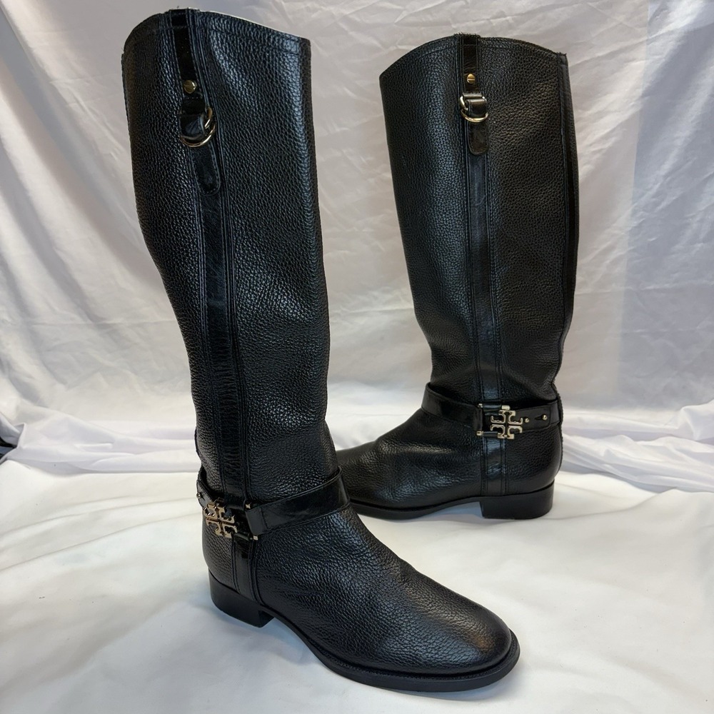 Tory‎ Burch Elina Tall Black Pebbled Leather Gold Buckle Riding Boots Size 8.5M